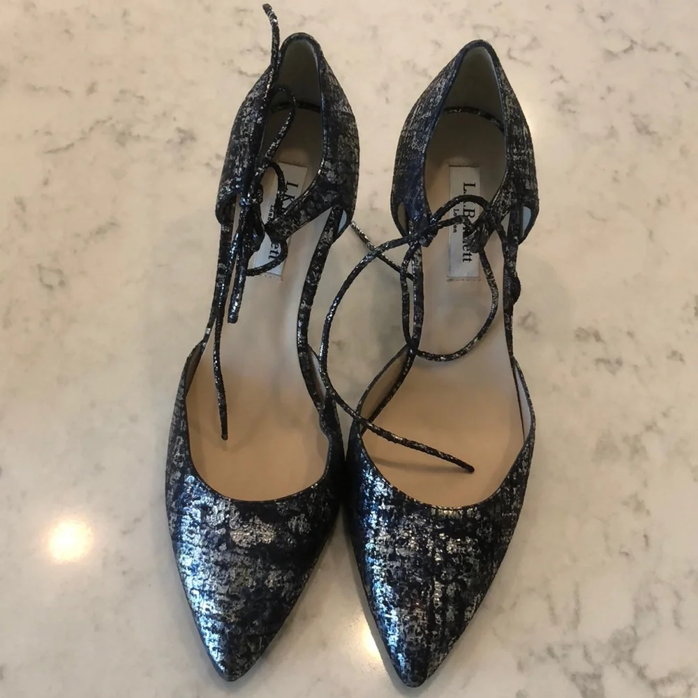 LK Bennett Metallic Black Silver Lace-Up Pointed Toe Heels